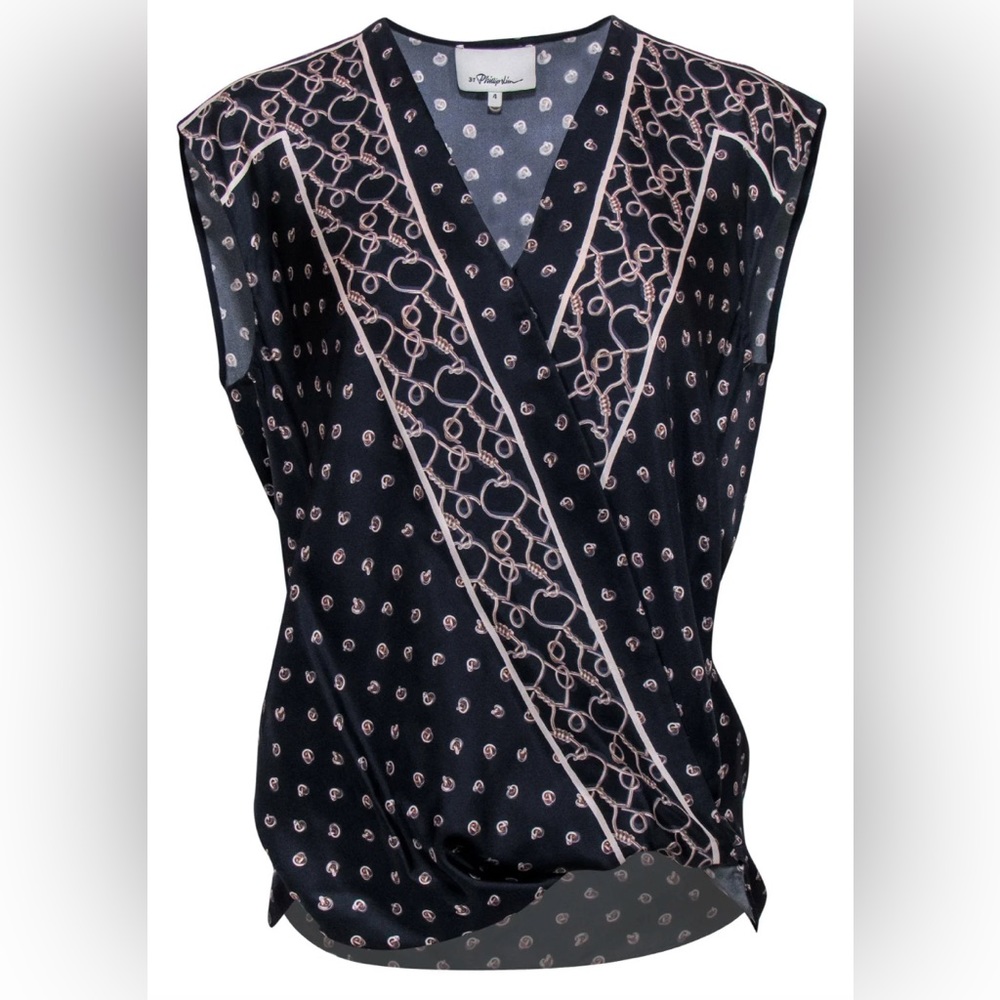 3.1 Phillip Lim Navy Silk Crossover Tank with Chainlink Print